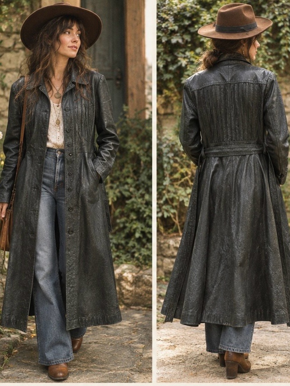 Vintage leather custom made black duster coat